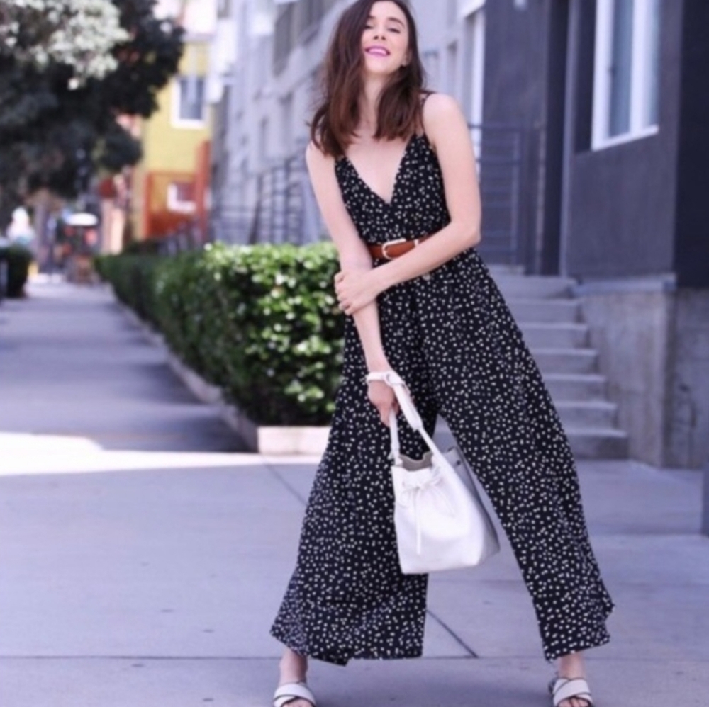 Maeve Finley Jumpsuit 0 Black Polka-dot Wide Leg Sleeveless Tie Waist